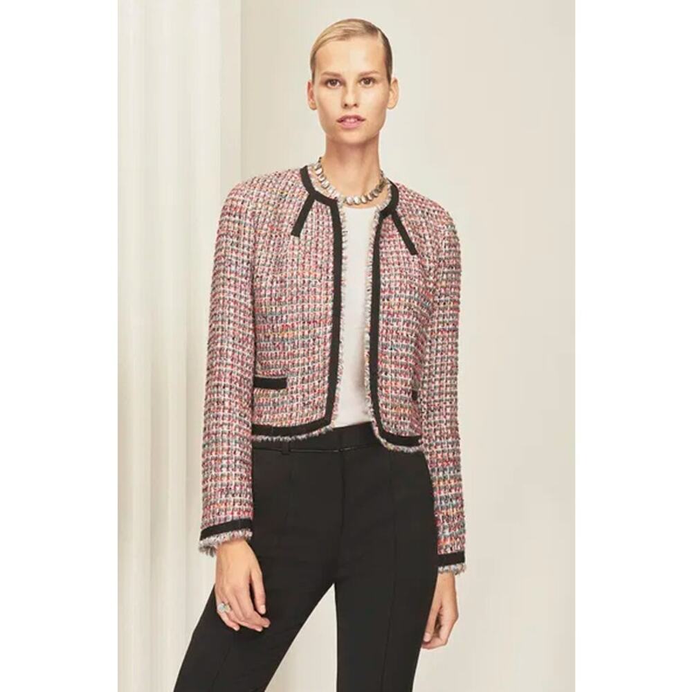 The Fold Red Colorful Tweed Open Front Blazer Jacket Size UK16/US 12